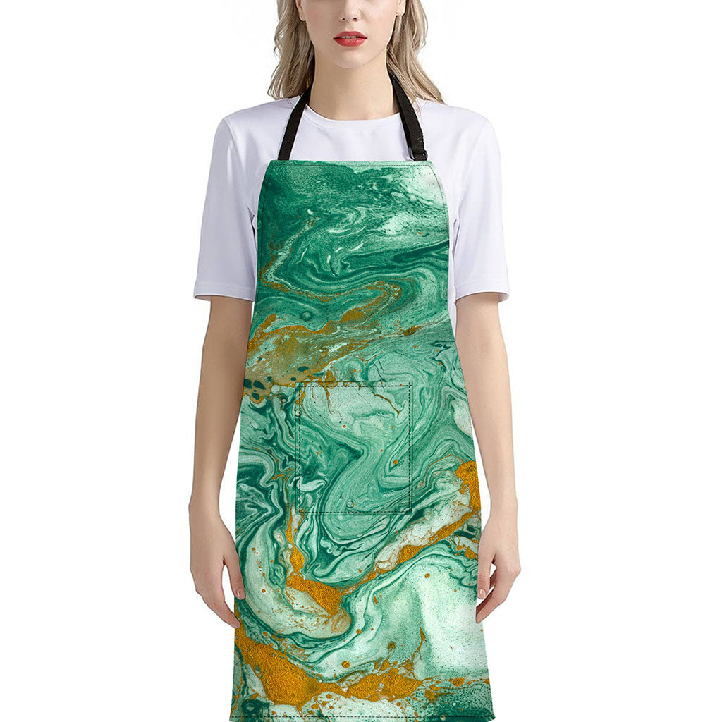 Green Gold Liquid Marble Print Bib Apron With Pocket
