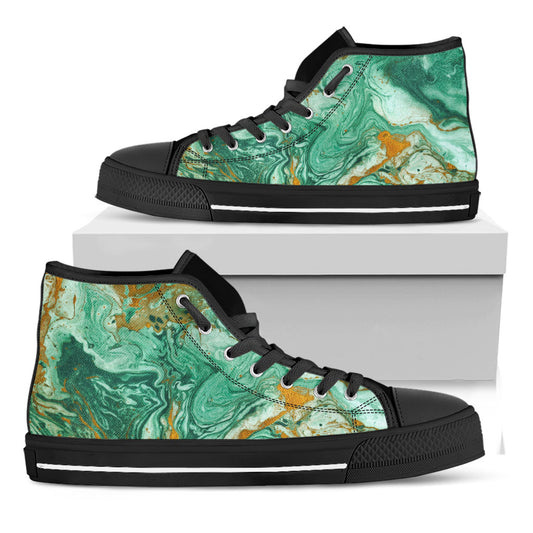 Green Gold Liquid Marble Print Black High Top Sneakers