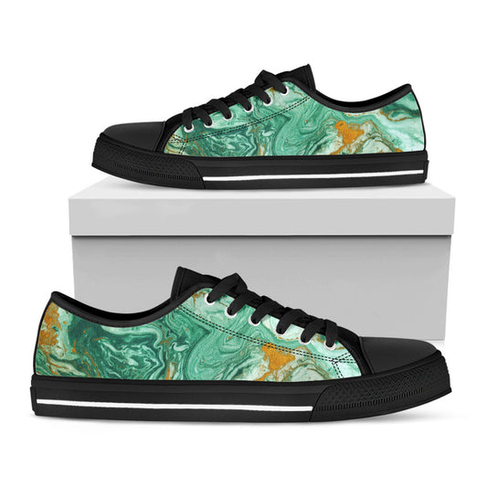 Green Gold Liquid Marble Print Black Low Top Sneakers