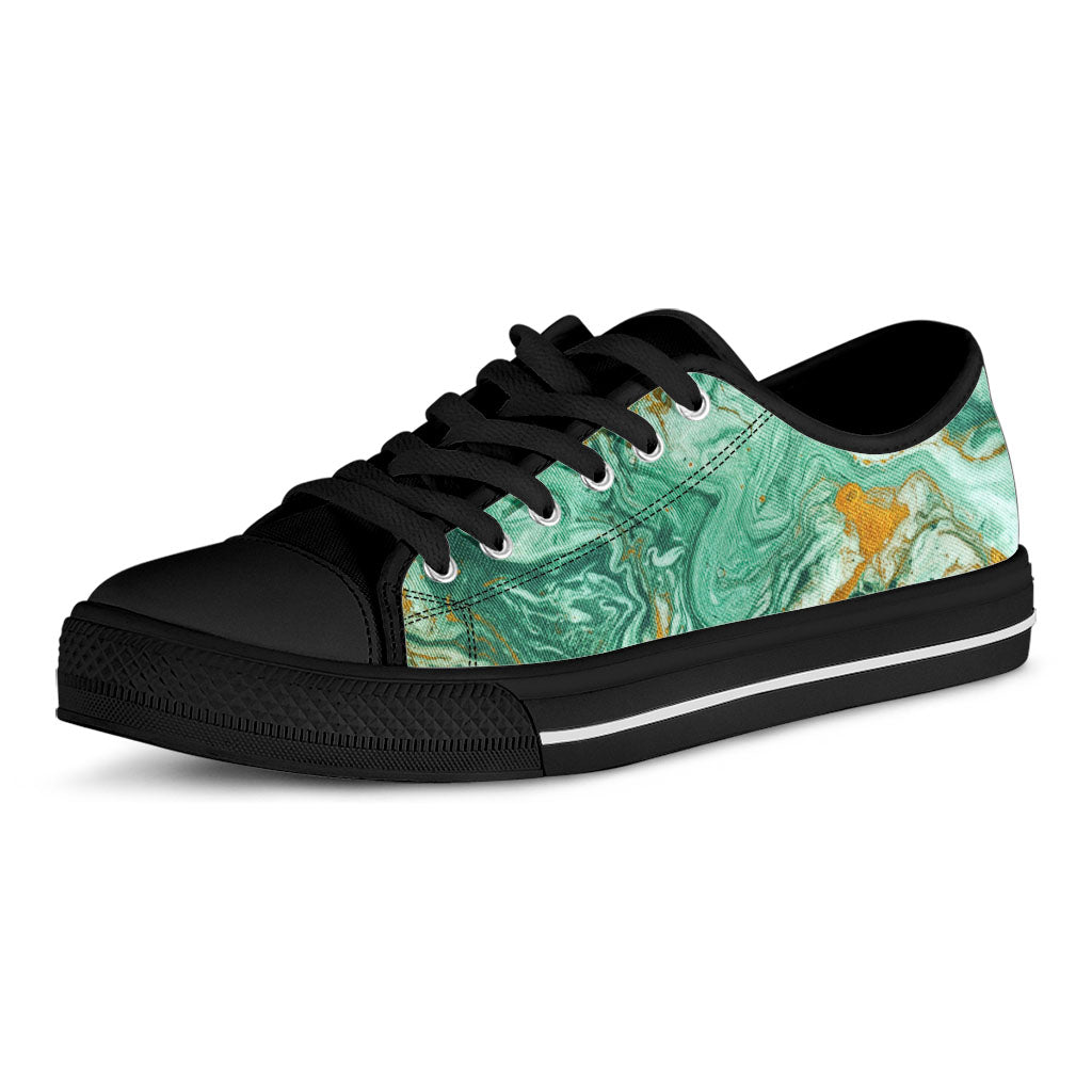 Green Gold Liquid Marble Print Black Low Top Sneakers