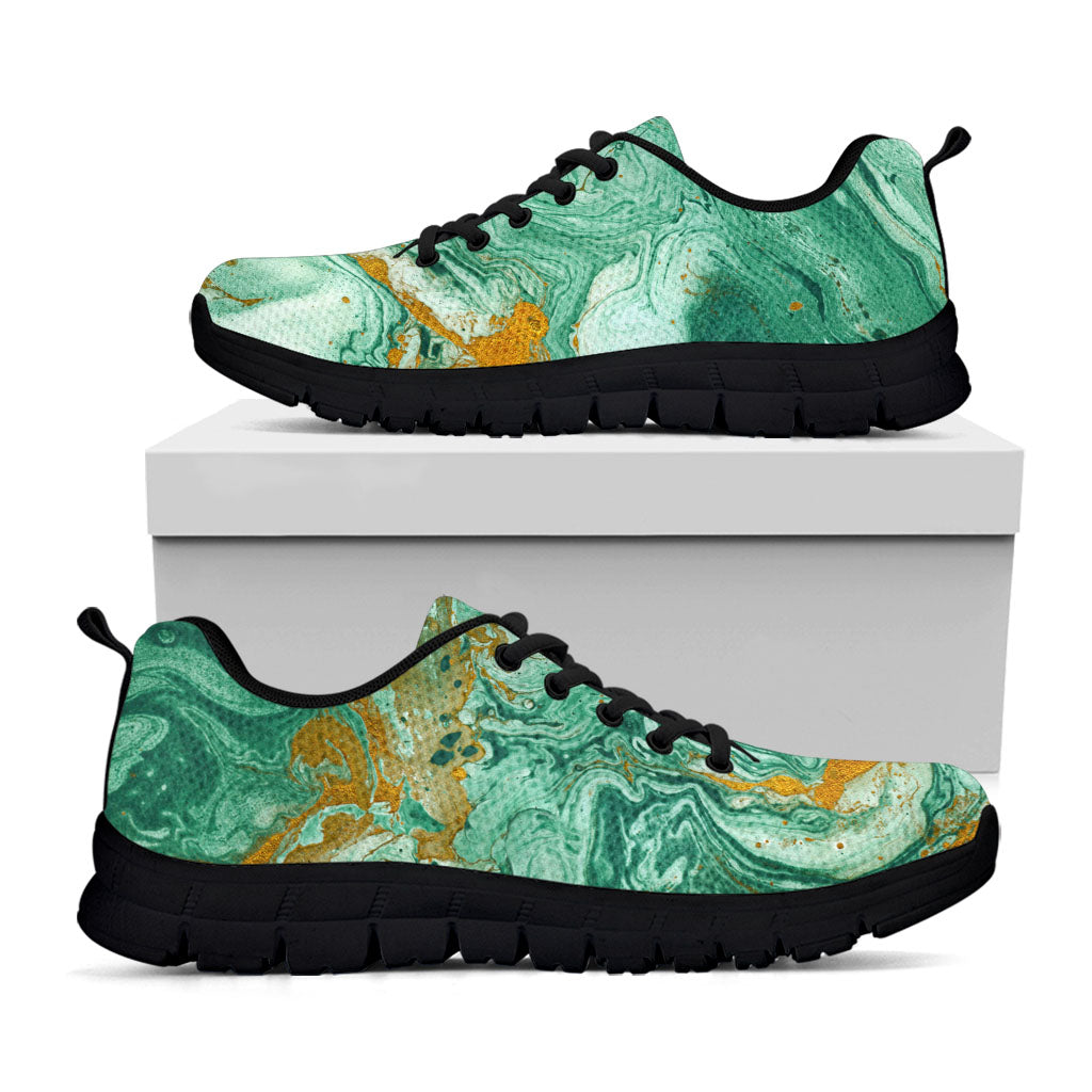 Green Gold Liquid Marble Print Black Running Shoes