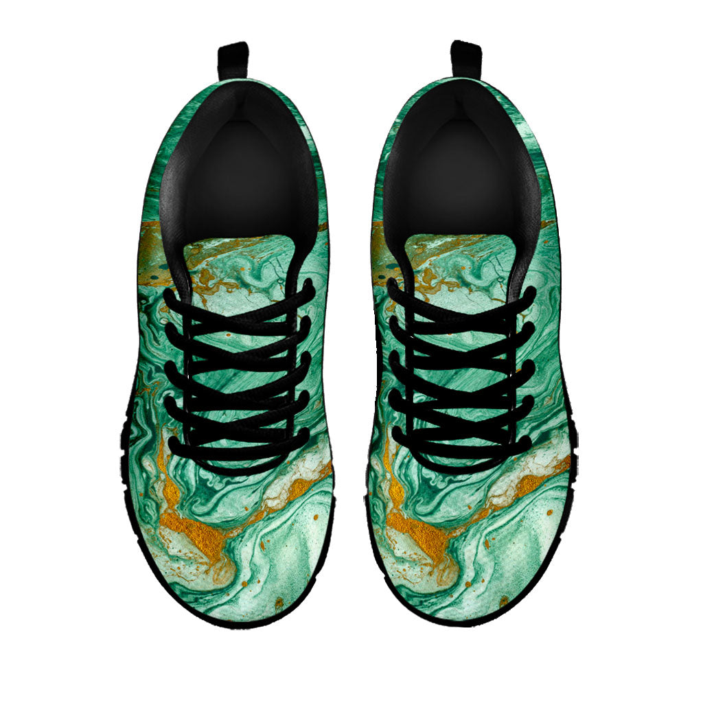 Green Gold Liquid Marble Print Black Running Shoes
