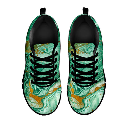 Green Gold Liquid Marble Print Black Running Shoes