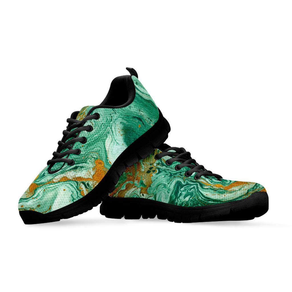 Green Gold Liquid Marble Print Black Running Shoes