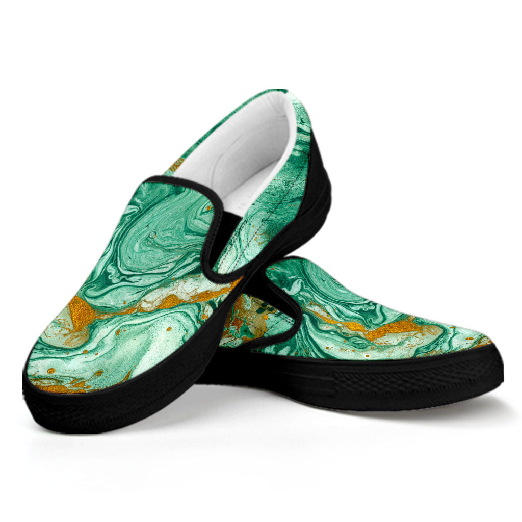 Green Gold Liquid Marble Print Black Slip On Sneakers