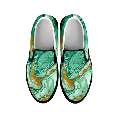 Green Gold Liquid Marble Print Black Slip On Sneakers