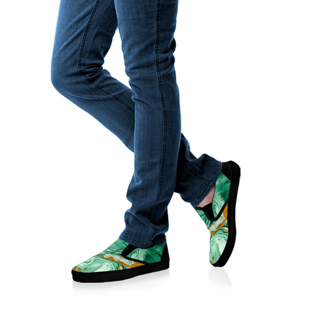Green Gold Liquid Marble Print Black Slip On Sneakers