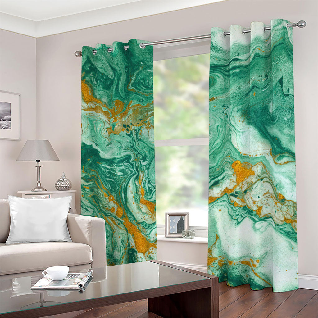 Green Gold Liquid Marble Print Blackout Grommet Curtains