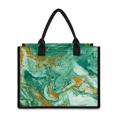 Green Gold Liquid Marble Print Canvas Tote Bag