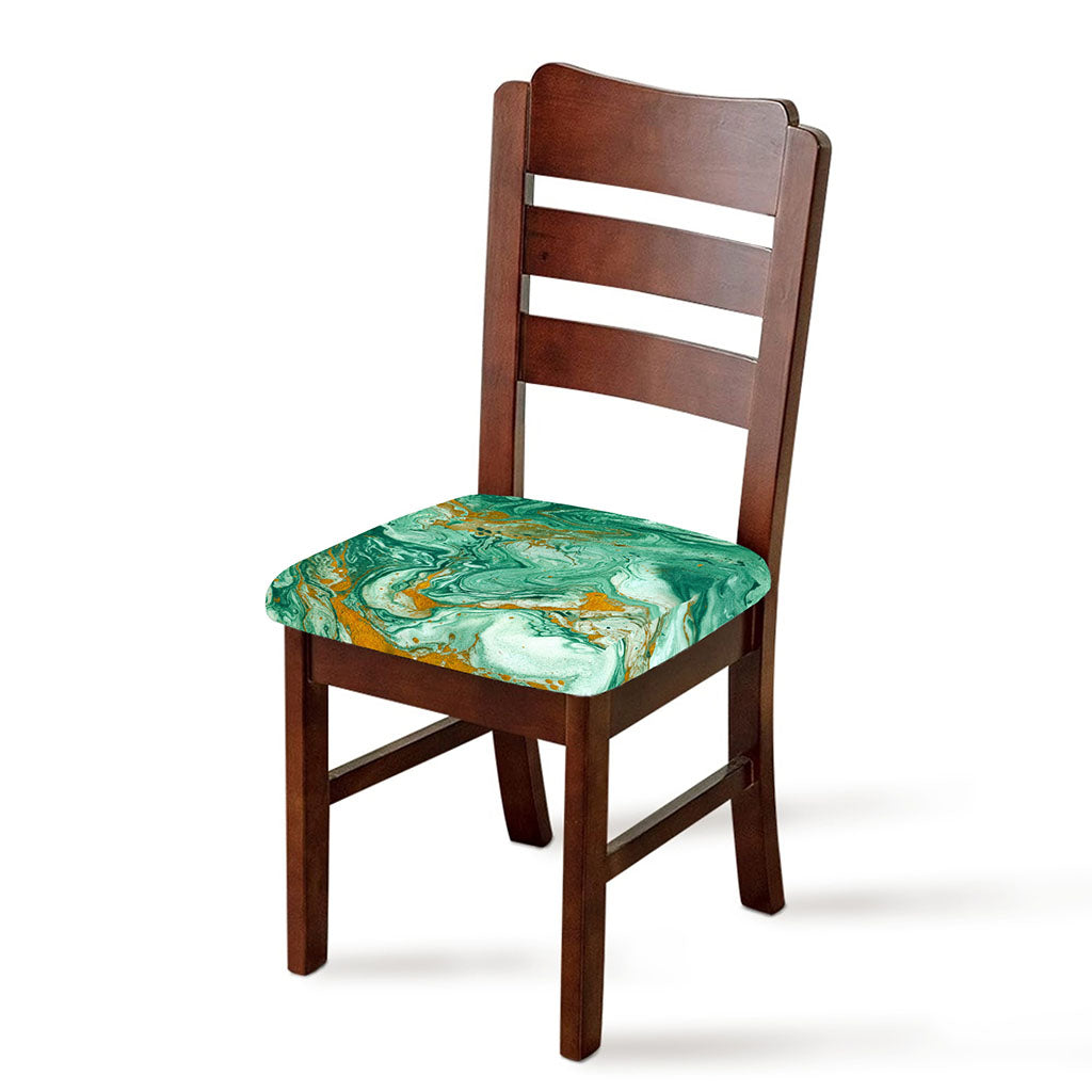 Green Gold Liquid Marble Print Chair Cushion Cover