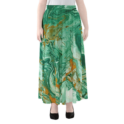 Green Gold Liquid Marble Print Chiffon Maxi Skirt