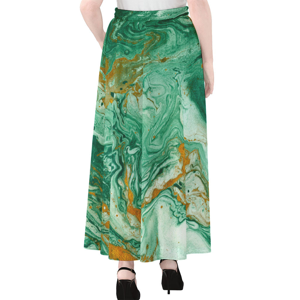 Green Gold Liquid Marble Print Chiffon Maxi Skirt