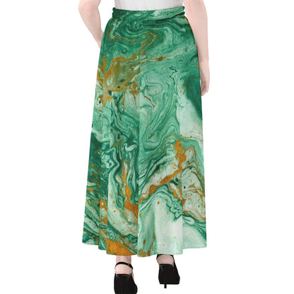 Green Gold Liquid Marble Print Chiffon Maxi Skirt