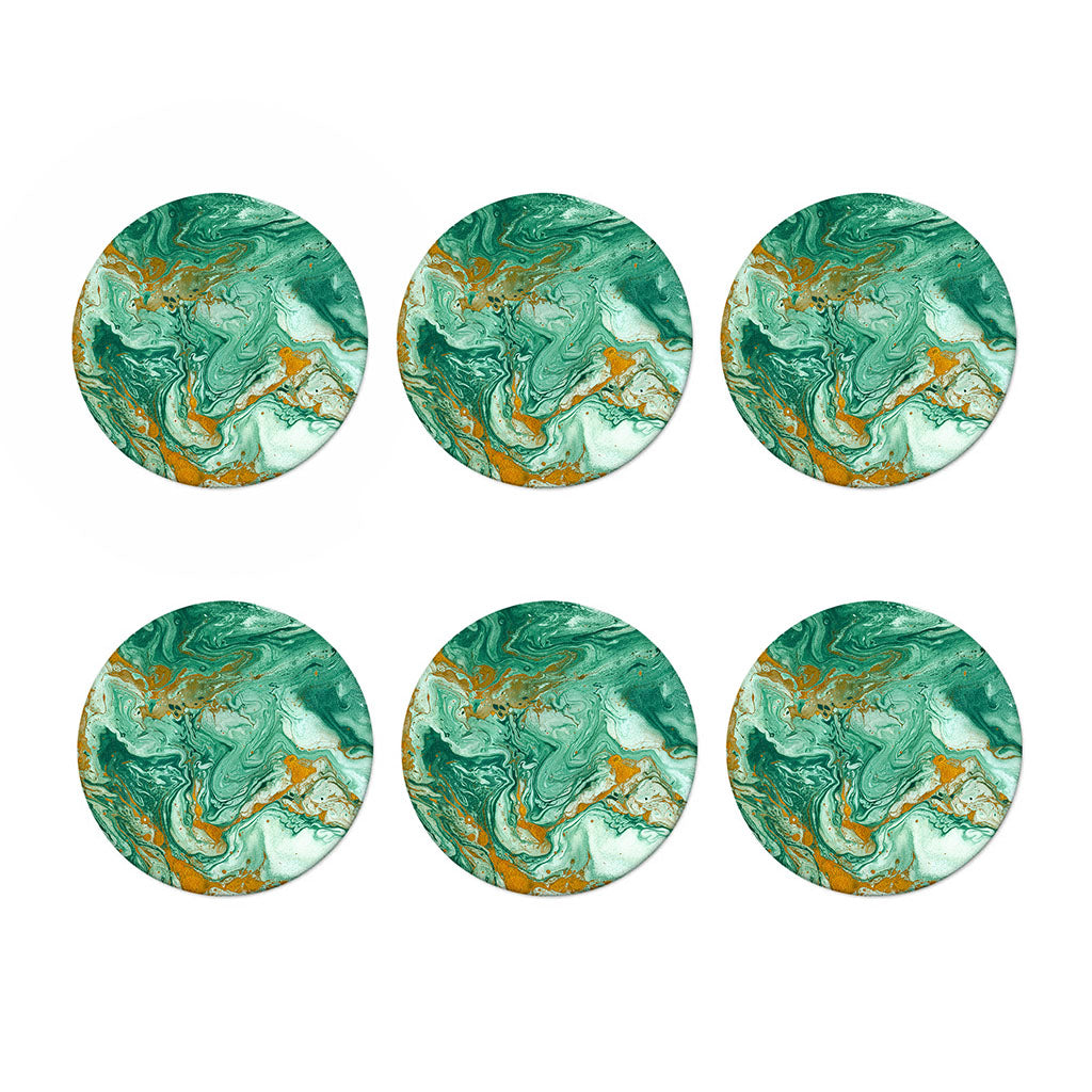 Green Gold Liquid Marble Print Coaster Set