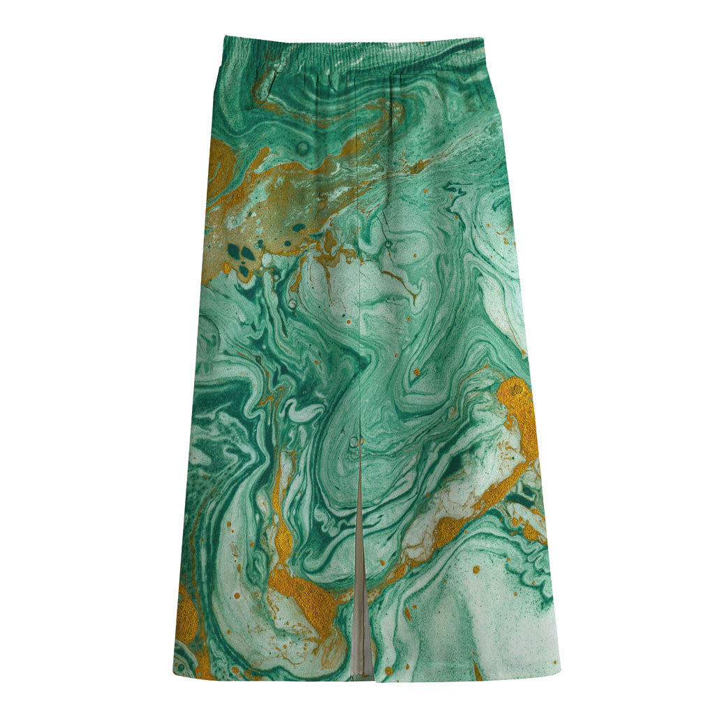 Green Gold Liquid Marble Print Cotton Front Slit Maxi Skirt