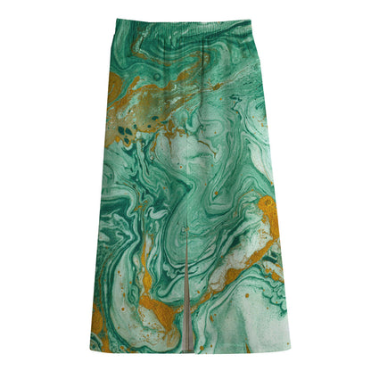 Green Gold Liquid Marble Print Cotton Front Slit Maxi Skirt