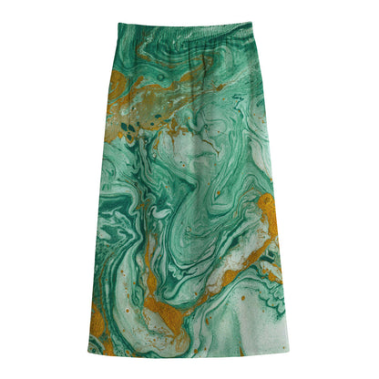 Green Gold Liquid Marble Print Cotton Front Slit Maxi Skirt