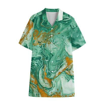 Green Gold Liquid Marble Print Cotton Hawaiian Shirt