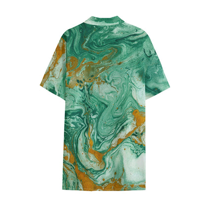 Green Gold Liquid Marble Print Cotton Hawaiian Shirt