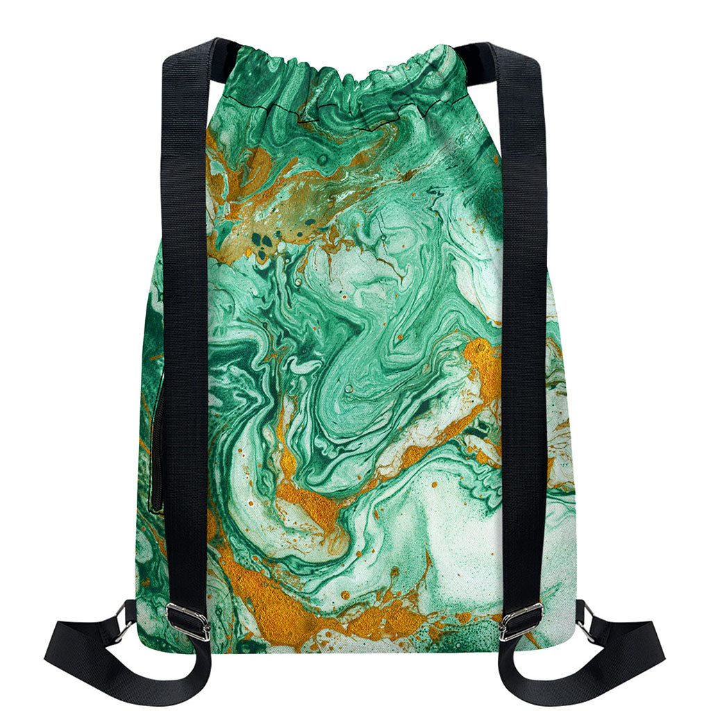 Green Gold Liquid Marble Print Drawstring Backpack