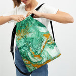 Green Gold Liquid Marble Print Drawstring Backpack