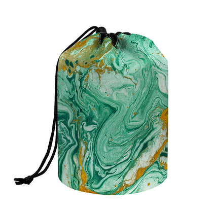 Green Gold Liquid Marble Print Drawstring Makeup Bag