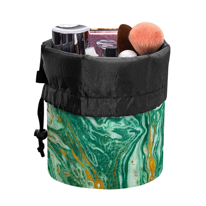 Green Gold Liquid Marble Print Drawstring Makeup Bag