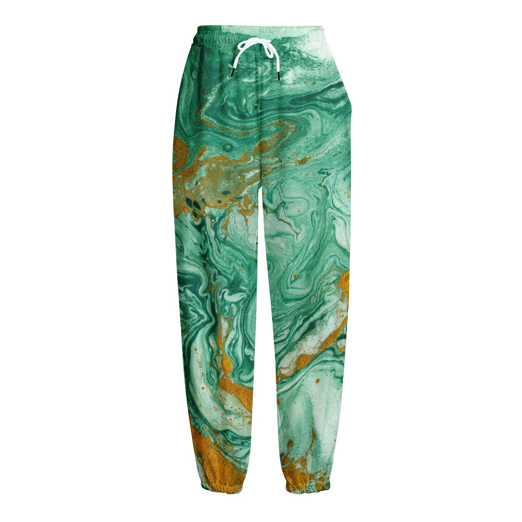 Green Gold Liquid Marble Print Fleece Lined Knit Pants