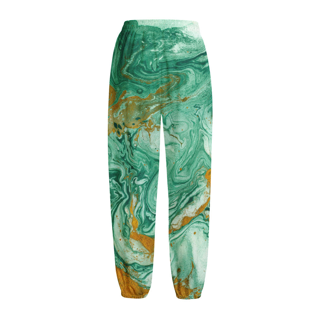 Green Gold Liquid Marble Print Fleece Lined Knit Pants