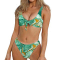Green Gold Liquid Marble Print Front Bow Tie Bikini
