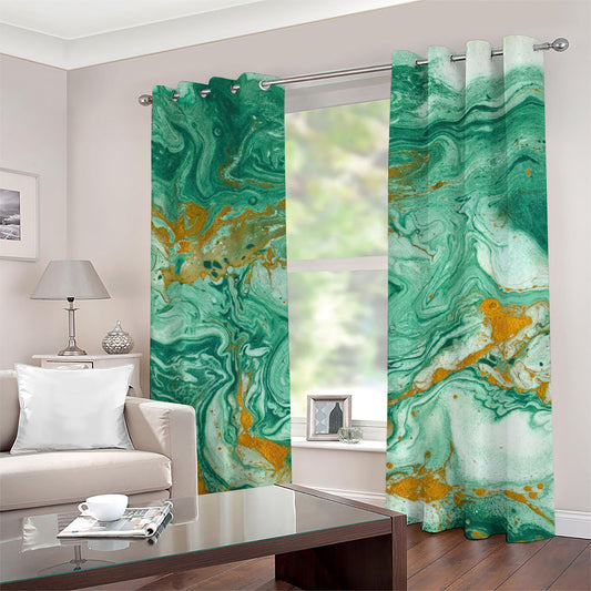 Green Gold Liquid Marble Print Grommet Curtains