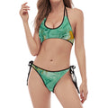 Green Gold Liquid Marble Print Halter Scoop Tie Side Bikini
