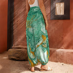 Green Gold Liquid Marble Print Harem Pants