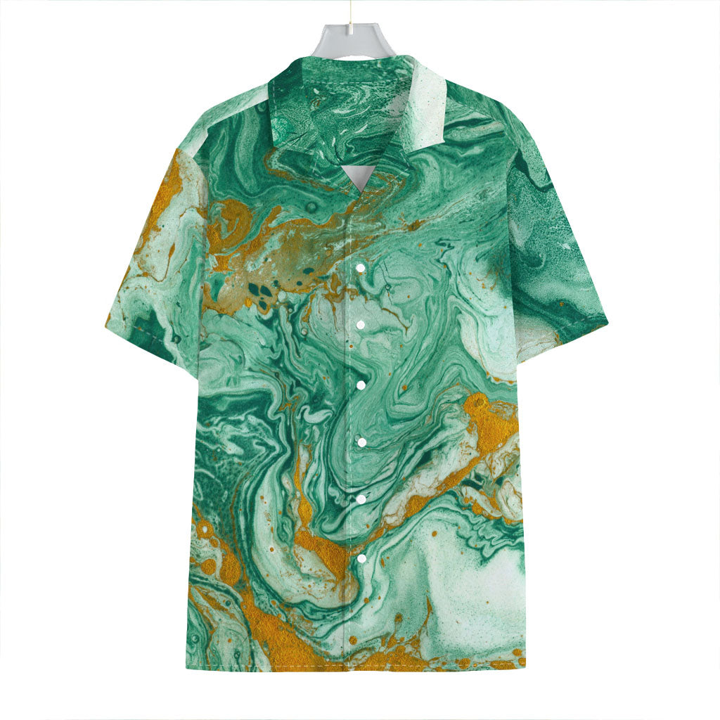 Green Gold Liquid Marble Print Hawaiian Shirt