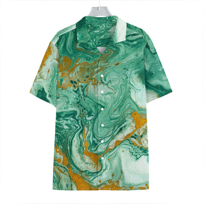 Green Gold Liquid Marble Print Hawaiian Shirt