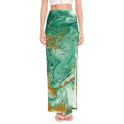 Green Gold Liquid Marble Print High Slit Maxi Skirt