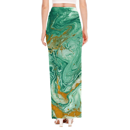 Green Gold Liquid Marble Print High Slit Maxi Skirt
