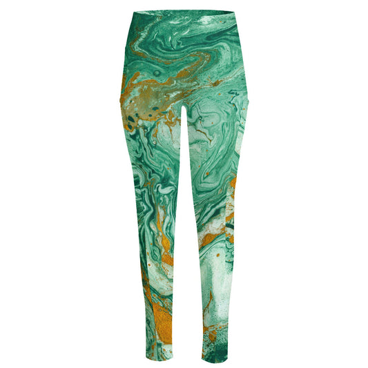 Green Gold Liquid Marble Print High-Waisted Pocket Leggings