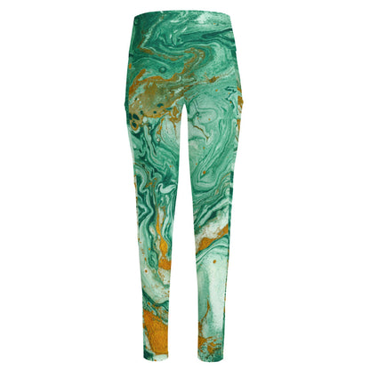 Green Gold Liquid Marble Print High-Waisted Pocket Leggings