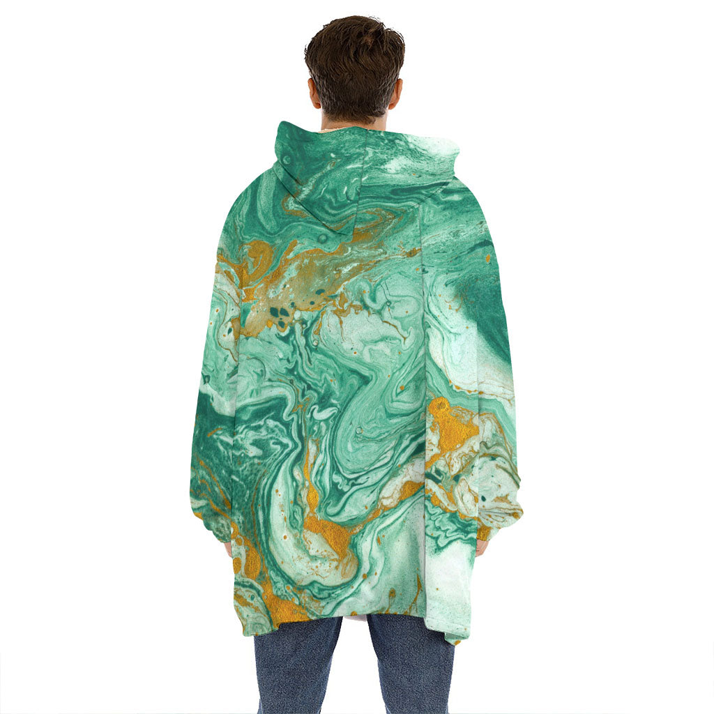 Green Gold Liquid Marble Print Hoodie Blanket
