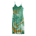 Green Gold Liquid Marble Print Jersey Midi Cami Dress