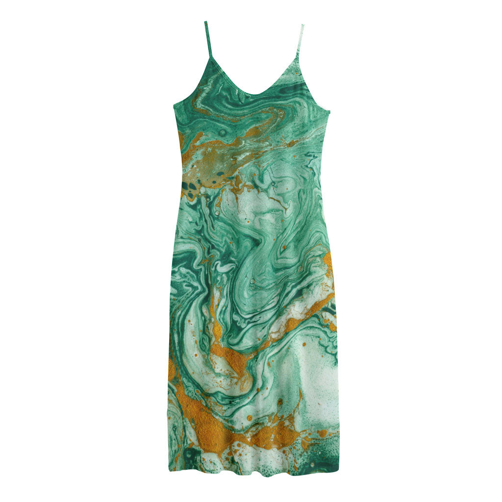 Green Gold Liquid Marble Print Jersey Midi Cami Dress