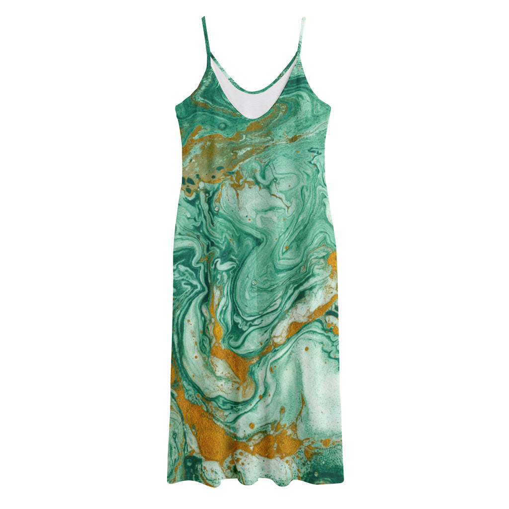 Green Gold Liquid Marble Print Jersey Midi Cami Dress