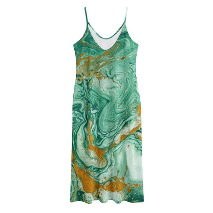 Green Gold Liquid Marble Print Jersey Midi Cami Dress