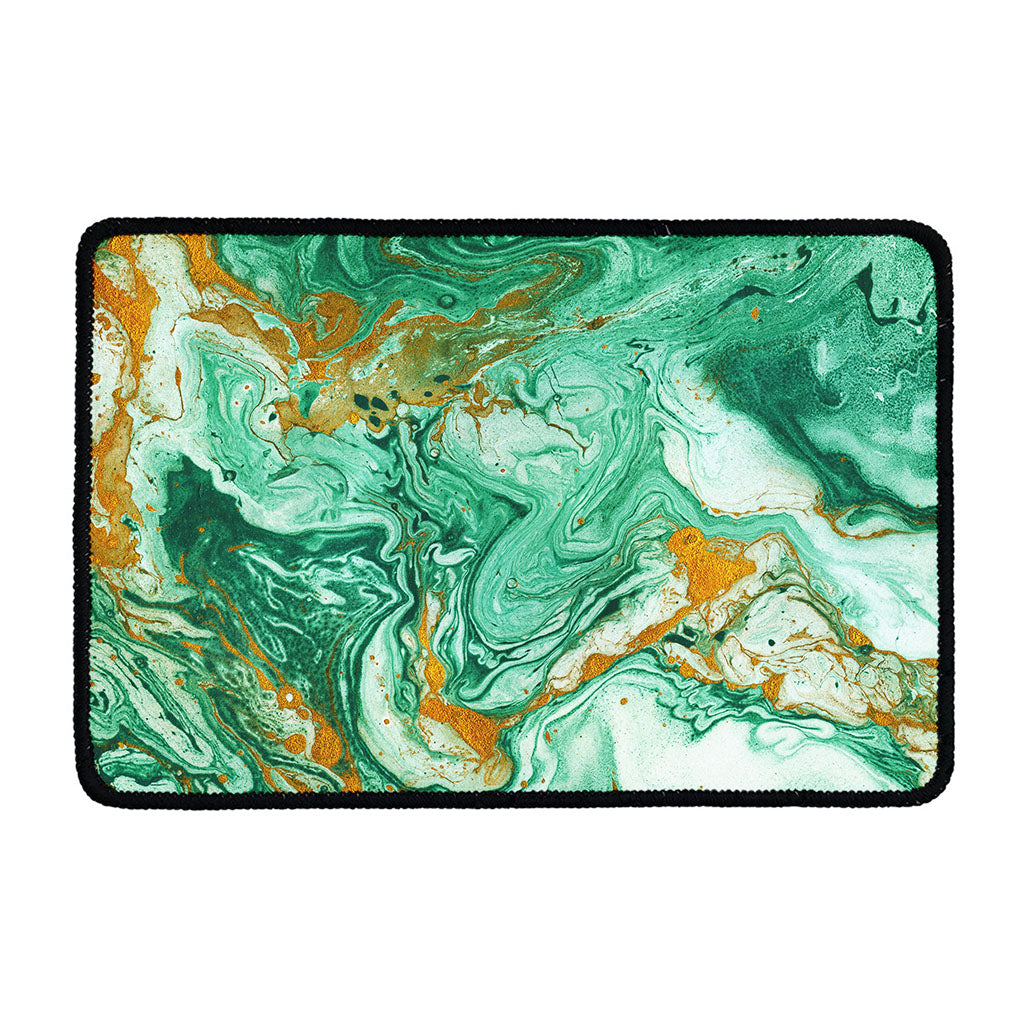 Green Gold Liquid Marble Print Kitchen Mat