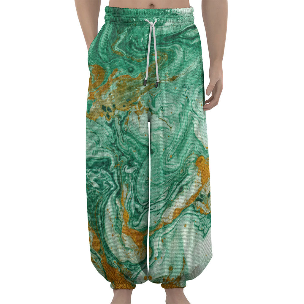 Green Gold Liquid Marble Print Lantern Pants