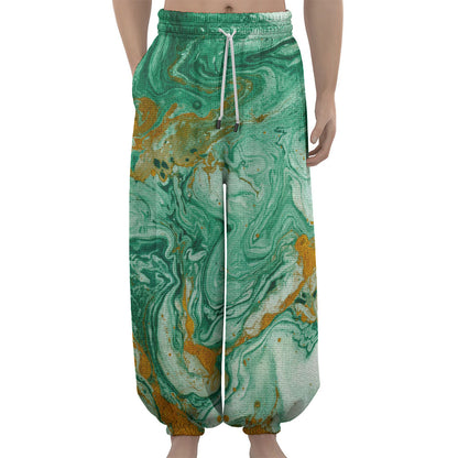 Green Gold Liquid Marble Print Lantern Pants