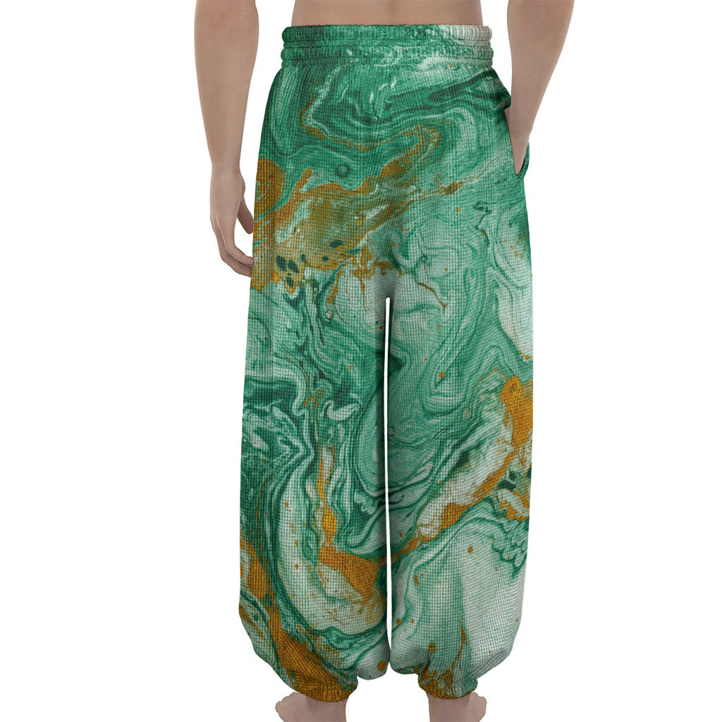 Green Gold Liquid Marble Print Lantern Pants