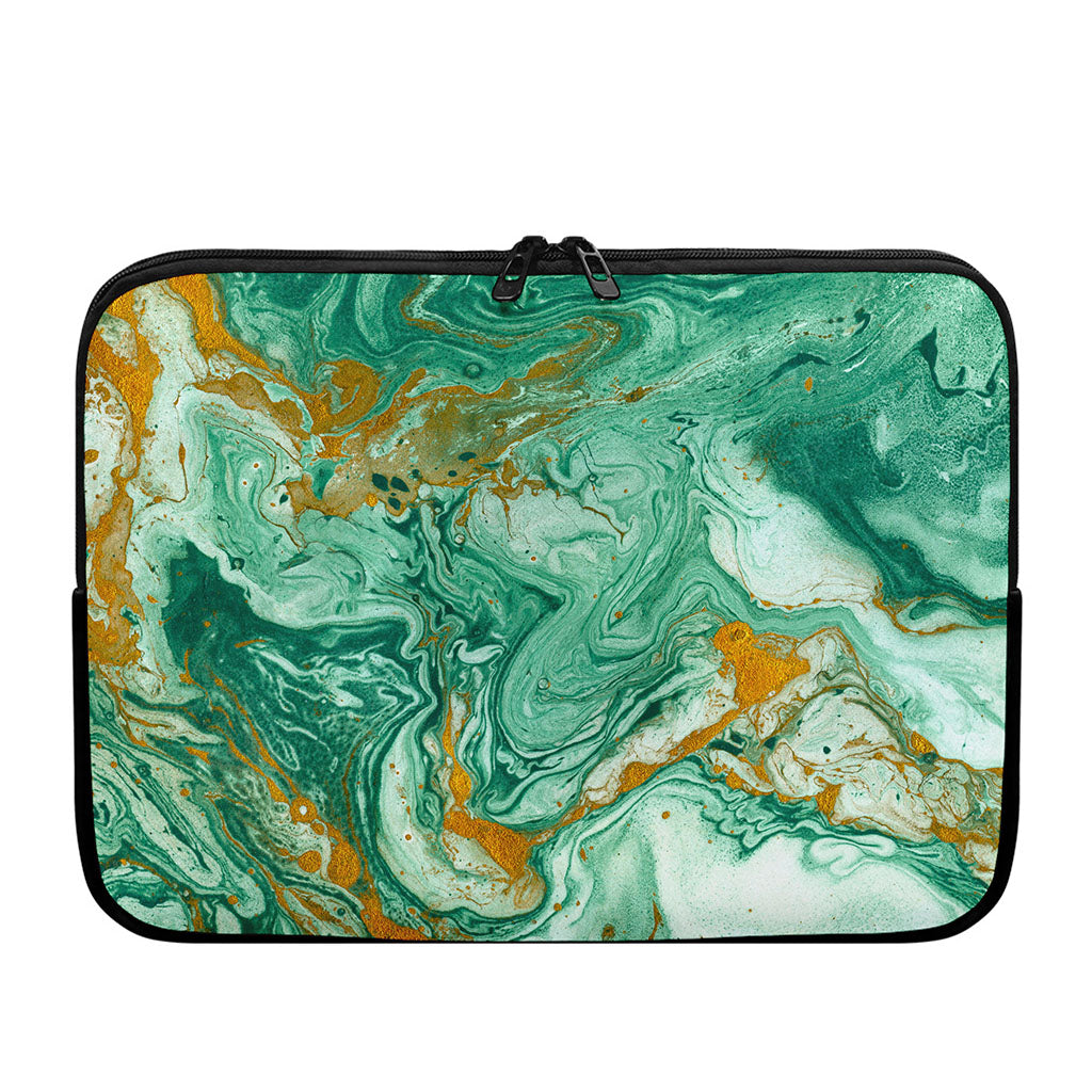 Green Gold Liquid Marble Print Laptop Sleeve