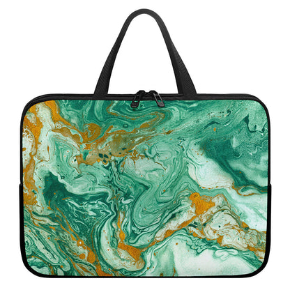 Green Gold Liquid Marble Print Laptop Sleeve With Handle